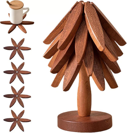🔥  50% de redução 🎄✨  Conjunto de debaixo-de-prato naturais - 4 debaixo-de-prato de madeira e 1 suporte em forma de árvore de Natal