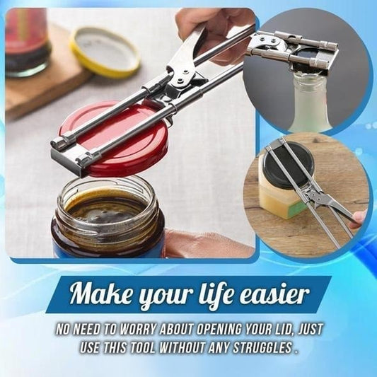 🥫 DESCONTO DE 50% POR TEMPO LIMITADO! ⚙️ Abridor ajustável de latas e frascos em aço inoxidável – Rotação sem esforço, pinça universal e pega antiderrapante em aço 🍾