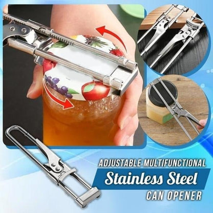 🥫 DESCONTO DE 50% POR TEMPO LIMITADO! ⚙️ Abridor ajustável de latas e frascos em aço inoxidável – Rotação sem esforço, pinça universal e pega antiderrapante em aço 🍾
