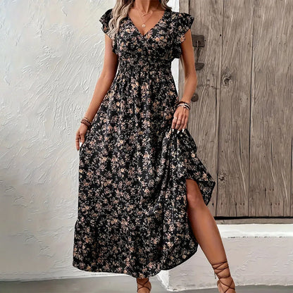 💃Promoções de 2026 por tempo limitado - 50 % DE DESCONTO☀️Vestido comprido esvoaçante com padrão floral e decote em V