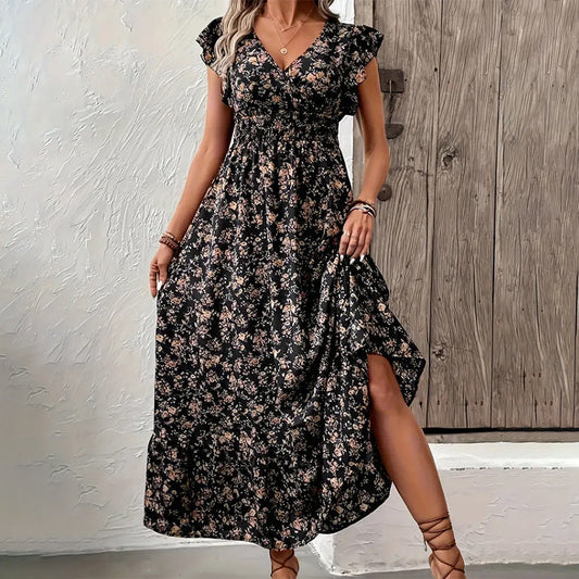 💃Promoções de 2026 por tempo limitado - 50 % DE DESCONTO☀️Vestido comprido esvoaçante com padrão floral e decote em V