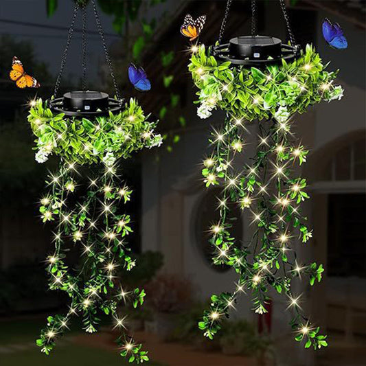 🍃💡Candeeiro solar em forma de cesto suspenso com vegetação artificial – LED branco quente à prova de água🔥