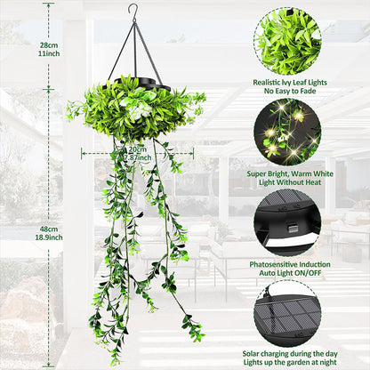 🍃💡Candeeiro solar em forma de cesto suspenso com vegetação artificial – LED branco quente à prova de água🔥