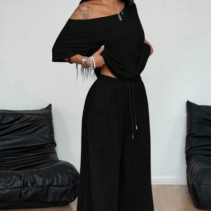 👗 DESCONTO DE 50% POR TEMPO LIMITADO! 💥 Conjunto de 2 peças para mulher: top com ombros à mostra e calças – assimétrico, de perna larga, tecido macio ✨