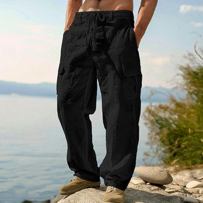 👖 DESCONTO DE 50% POR TEMPO LIMITADO! ✨ Calças cargo de algodão e linho para homem com cordão na cintura – respiráveis, corte descontraído, vários bolsos 🏔️