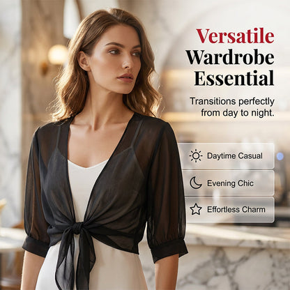 📢📢50% DE DESCONTO!! ⏰ Top feminino de chiffon com laço à frente – Transparente, curto e elegante – Peça essencial para o verão, ideal para usar em camadas e proteger do sol 🍃