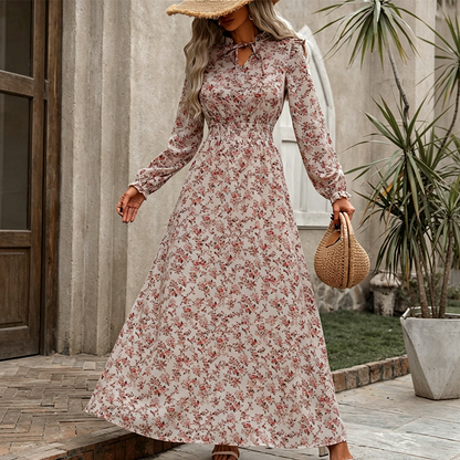 👗❤️ para mulheres, estilo férias, com estampa floral miúda e cintura ajustada, vestido longo