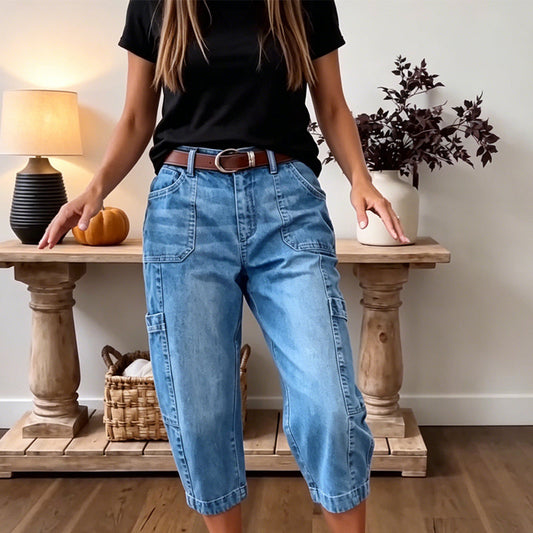 👖 Calças jeans de cintura alta e corte cropped – pernas largas e caimento favorecedor 💙