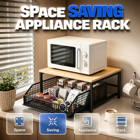 📢📢50% DE DESCONTO!! ⏰  Suporte para micro-ondas de 2 níveis com gaveta deslizante – Poupa espaço, prateleira elevada e cesto integrado – Ideal para a cozinha, café e dormitório ✨