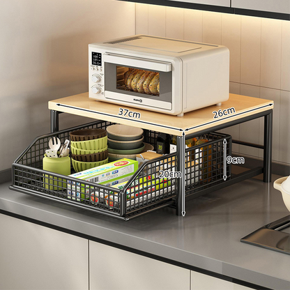 📢📢50% DE DESCONTO!! ⏰  Suporte para micro-ondas de 2 níveis com gaveta deslizante – Poupa espaço, prateleira elevada e cesto integrado – Ideal para a cozinha, café e dormitório ✨