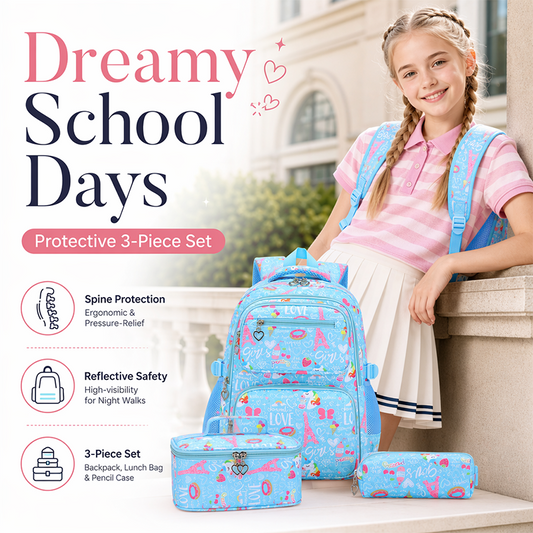 👧🎒Mochila escolar gira com vários bolsos para meninas