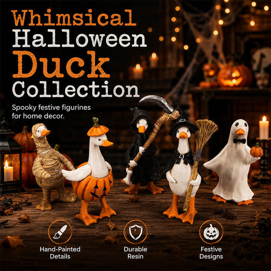 🎃DECORAÇÃO DE HALLOWEEN ABORRECIDA?🎃 Conjunto de Patos Assustadores – Pintados à mão, 5 personagens, resistentes às intempéries – Para prateleiras, secretárias e exterior! 🦇