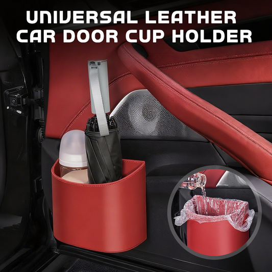 🥳PROMOÇÃO QUENTE DE 2026🥳💞Mais de 50 mil unidades vendidas!🚗🧺 50% DE DESCONTO! Suporte para copos em couro para a porta do carro – Abertura larga, fácil acesso a bebidas e ao telemóvel. Fixação segura com clipe. Couro PU, resistente e elegante. 🛡️✨