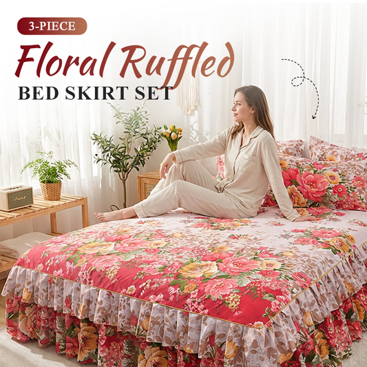 🌸 -50%! 🛏️ Conjunto de 3 peças para cobrir o estrado, com motivos florais e folhos – Mistura de algodão de alta densidade – 5 tamanhos – Saia de cama + 2 fronhas para o quarto 🌷