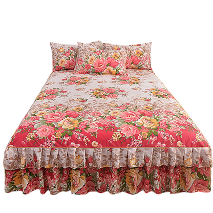 🌸 -50% ! 🛏️ Cache-Sommier 3 Pièces à Fleurs et Volants – Mélange Coton Haute Densité – 5 Tailles – Jupe de Lit + 2 Taies d’Oreiller pour Chambre 🌷
