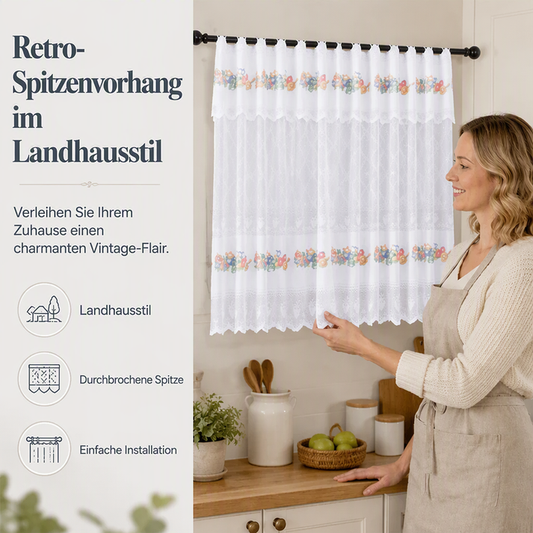 🌸 Cortina curta de cozinha em estilo vintage com renda – uma decoração elegante e acolhedora para a sua casa