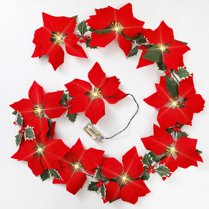 🎅 CRIE UMA ATMOSFERA DE CONTOS DE NATAL! Cordão de luzes com flores de poinsétia – ideal para sala, varanda ou quarto. 🎉