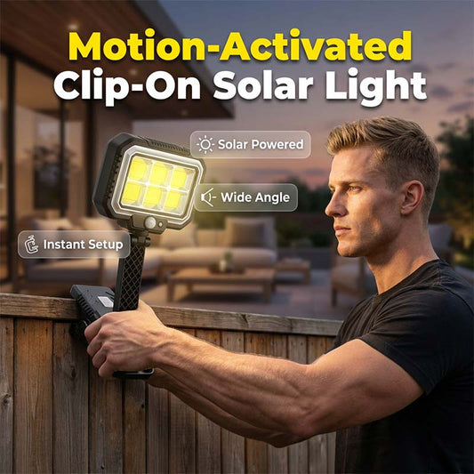 🔆🌙 Lâmpada solar com sensor de movimento e fixação por pinça – Sem fios, à prova de água, pode pendurá-la em qualquer lugar para uma iluminação automática e segura, desde o jardim até ao parque de campismo 🏕️✨