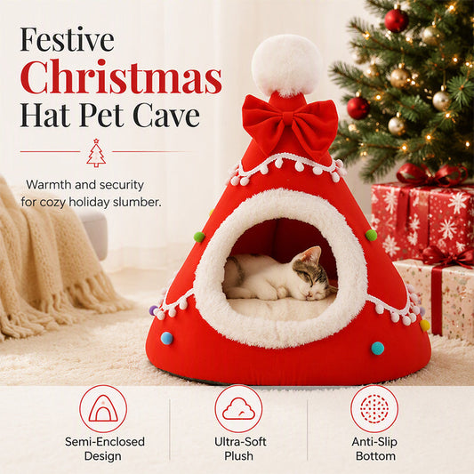🎄 Gruta de Natal semi-fechada para cães e gatos – Cama de inverno aconchegante com pelúcia macia, quente e protetora – presente de Natal perfeito para animais de estimação