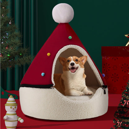 🎄 Gruta de Natal semi-fechada para cães e gatos – Cama de inverno aconchegante com pelúcia macia, quente e protetora – presente de Natal perfeito para animais de estimação