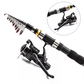 🎣🎒 Kit de pesca de viagem – Equipamento completo, cana telescópica, saco de transporte; vá pescar em qualquer lugar, desde o lago até à beira-mar, com tudo o que precisa à mão 🐟✨