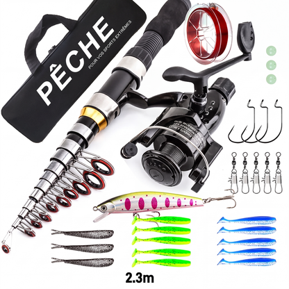 🎣🎒 Kit de pesca de viagem – Equipamento completo, cana telescópica, saco de transporte; vá pescar em qualquer lugar, desde o lago até à beira-mar, com tudo o que precisa à mão 🐟✨