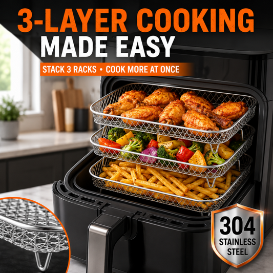 🍗🏠Grelha para fritadeira sem óleo em aço inoxidável 304 de 3 camadas, cesto empilhável para grelhar e grelha para torradas, ideal para asas de frango e torradas; grelha de cozinha para acessórios de grelhador de interior, acessórios para grelhar