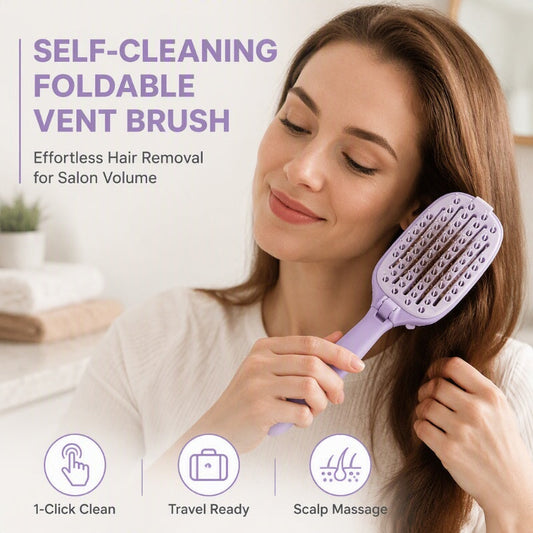 ✨‑50% DE DESCONTO✨ Escova de cabelo portátil com autolimpeza 🧳 Design ventilado, dobrável para transporte 💖