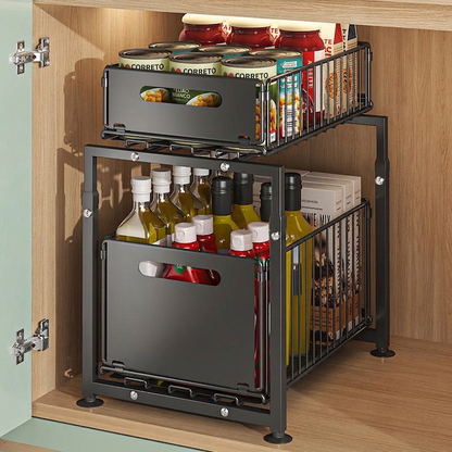 💪 62% DE DESCONTO! 🥫 Prateleira Deslizante Dupla Organizadora de Armário – 5 alturas ajustáveis, 2 bandejas & aço carbono resistente – Grande capacidade, sem necessidade de instalação – Ideal para cozinha & organização ✨