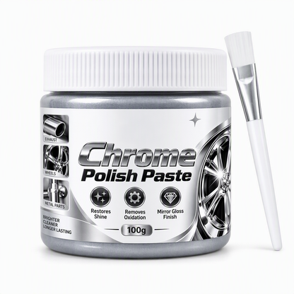 ✨50% DE DESCONTO AGORA! Pasta para polir e restaurar cromo metálico com pincel – Creme de polimento de cromo de alta resistência, removedor de oxidação para jantes de automóvel, acabamentos metálicos, torneiras e superfícies cromadas