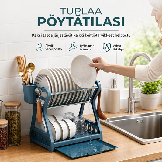 ⏰ Monikerroksinen teräksinen astiankuivauskaappi – pystysäilytys, vesikaukalo, asennus ilman työkaluja ✨