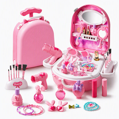 🎀 Mala Trolley de Maquilhagem 3 em 1 da Princesa ✨ | Conjunto de maquilhagem de brincar com bonecas, espelho e mais de 30 acessórios 💄 | Transforma-se numa mochila portátil e num salão de beleza com rodas 👑🧳